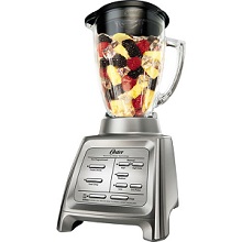 Brushed Stainless Steel Oster Designed for Life 7-Speed Blender, with Glass Jar, two pre-programmed settings.
