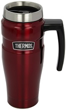 16 ounce stainless steel king travel mug with handle, blue, raspberry, black, cranberry.