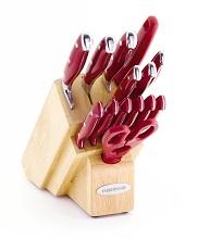 Faberware Professional 15 Piece Forged Cutlery Set in block with red handles.