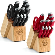 Guy Fieri 12 Piece Inlay Logo Cutlery Set, Knife Set with Block, Black or Red Handles.