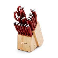Hard Working Kitchenaid Red Knife Set, 16 pc set Stamped Delrin with Natural Block and stainless steel blades.