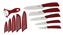 Nice Cutlery Gift Melange 11-Piece Ceramic Knife Set with Metallic Red Handle and White Blade.